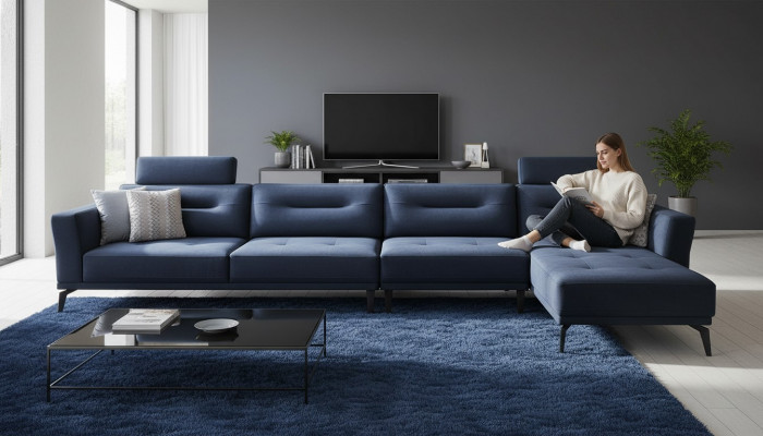Groot L-vormig donkerblauw hoekbankstel voor moderne luxe inrichting.
