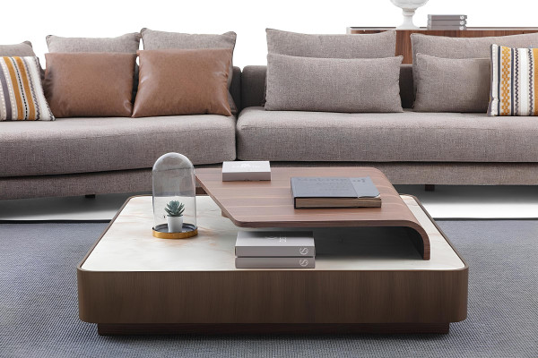 Grijze woonkamerbanken, stoffen banken, design fauteuils, houten salontafel, 5-delig.