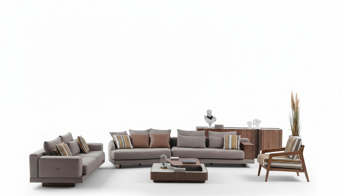 Grijze woonkamerbanken, stoffen banken, design fauteuils, houten salontafel, 5-delig.
