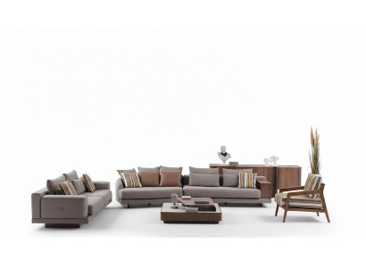 Grijze woonkamerbanken, stoffen banken, design fauteuils, houten salontafel, 5-delig.