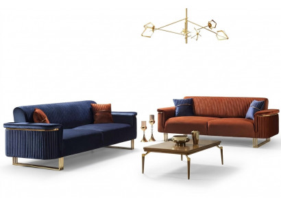 Blauw-oranje woonkamer bankstel set, designer stoffen banken, moderne meubels, 2 stuks.
