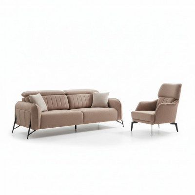 Beige woonkamer stoffen bank Luxe fauteuil 3-zitsbank 1-zitsbank 2 stuks
