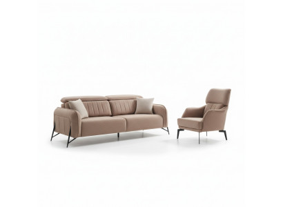 Beige woonkamer stoffen bank Luxe fauteuil 3-zitsbank 1-zitsbank 2 stuks