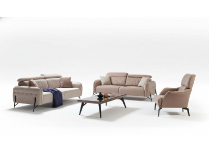 Beige woonkamer bankstel ontwerper 2x stoffen fauteuil 3-zits 3-delig.