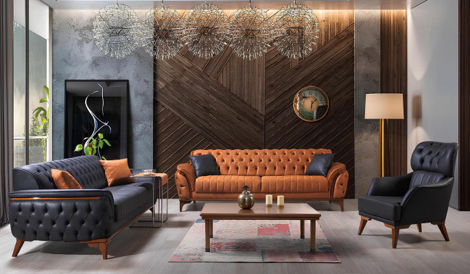 Oranje-zwarte Chesterfield-set Luxueuze driezitsstoel 2-delig