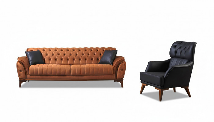 Oranje-zwarte Chesterfield-set Luxueuze driezitsstoel 2-delig
