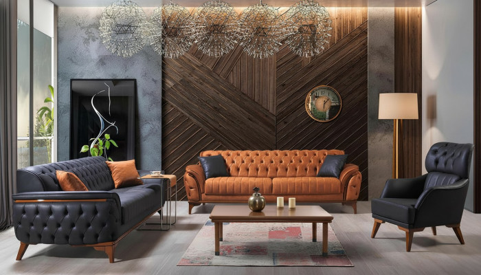 Zwart-oranje Chesterfield woonkamerset bankstellen fauteuils 4-dlg.