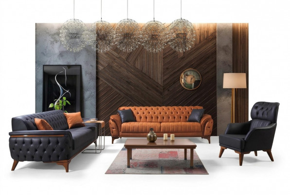 Zwart-oranje Chesterfield woonkamerset bankstellen fauteuils 4-dlg.