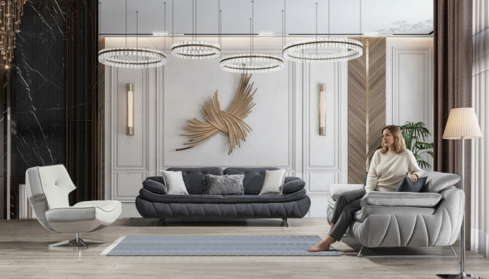 Woonkamerset 3-delig Zwart Wit 2x Banken met Fauteuil Modern Design Textiel  Woonkamerset 3-delig Zwart Wit 2x Banken met Fauteuil Modern Design Textiel