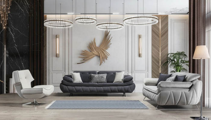 Woonkamerset 3-delig Zwart Wit 2x Banken met Fauteuil Modern Design Textiel  Woonkamerset 3-delig Zwart Wit 2x Banken met Fauteuil Modern Design Textiel