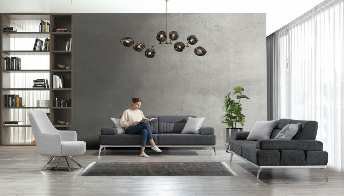 Woonkamerset 3-delig 2x 3-zits Grijs met Wit Fauteuil Modern Design Textiel