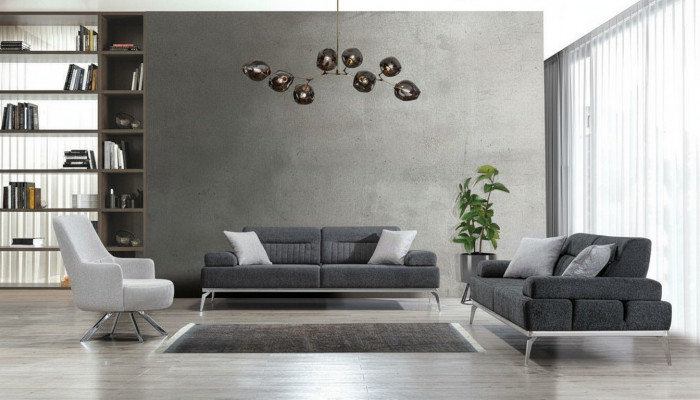 Woonkamerset 3-delig 2x 3-zits Grijs met Wit Fauteuil Modern Design Textiel