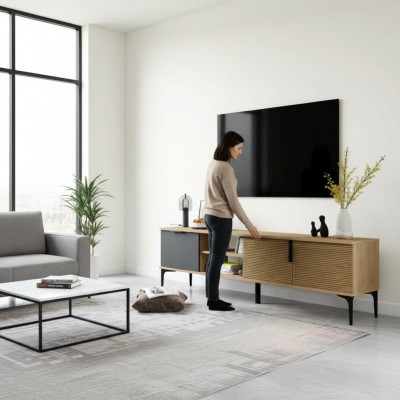 Bruin-Grijs RTV TV-Lowboard Kast Modern Design Rechthoekige Vorm Woonkamer