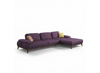 Paarse hoekbank L-vormige woonkamer luxe salontafel inrichting nieuwe set meubels