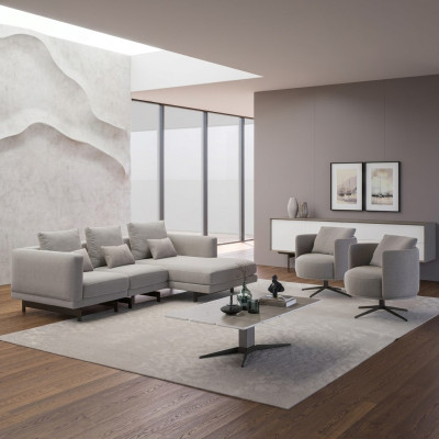 Luxe Compleet 4-delige hoekbank L-vorm Designer 2x Fauteuil Houten salontafel Nieuw