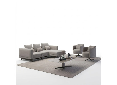 Luxe Compleet 4-delige hoekbank L-vorm Designer 2x Fauteuil Houten salontafel Nieuw