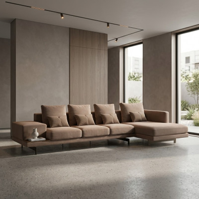 Luxe beige hoekbank L-vorm gestoffeerde meubels woonkamer designmeubels.
