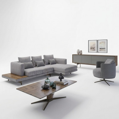 Bankstel woonkamerset 3-delig gestoffeerde hoekbank fauteuil houten salontafel