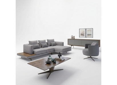 Bankstel woonkamerset 3-delig gestoffeerde hoekbank fauteuil houten salontafel