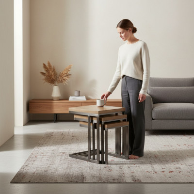 Woonkamer 3x Bijzettafel Luxe Houten Tafel Roestvrij Staal Design Meubels Inrichting