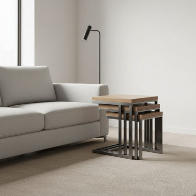 Woonkamer 3x Bijzettafel Luxe Houten Tafel Roestvrij Staal Design Meubels Inrichting