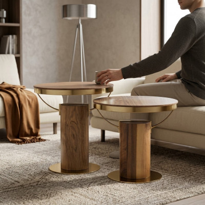 2x Rund Bijzettafel Bruin Woonkamer Koffietafel Design Modern