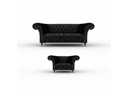 Zwarte volledig Chesterfield gestoffeerde luxe woonkamerinrichting.