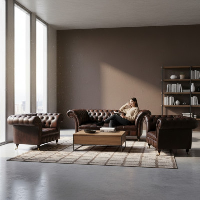Luxe Bruin Leren Bankstel Woonkamer 2x Fauteuil Driepersoons Bank Chesterfield