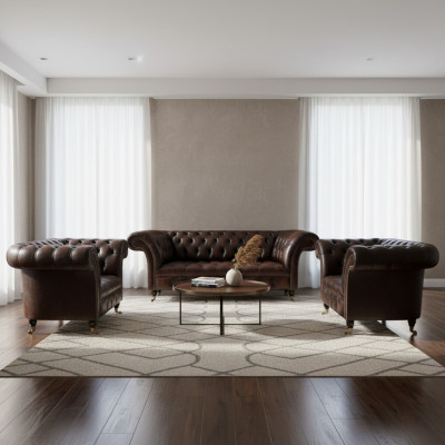 Luxe Bruin Leren Bankstel Woonkamer 2x Fauteuil Driepersoons Bank Chesterfield