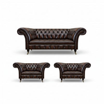 Luxe Bruin Leren Bankstel Woonkamer 2x Fauteuil Driepersoons Bank Chesterfield