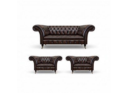 Luxe Bruin Leren Bankstel Woonkamer 2x Fauteuil Driepersoons Bank Chesterfield