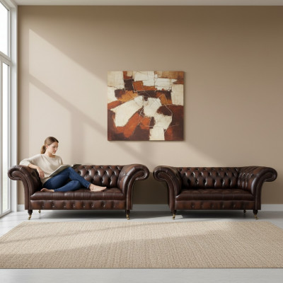 Chesterfield Brown Sofa Set Driezits bank Tweezits Woonkamer Nieuw