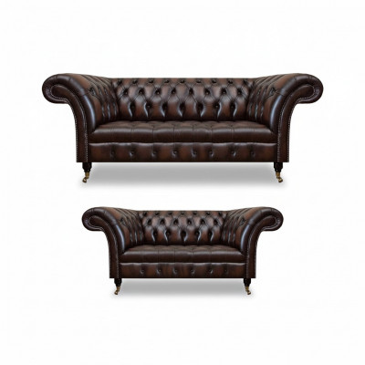 Chesterfield Brown Sofa Set Driezits bank Tweezits Woonkamer Nieuw