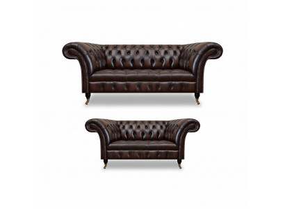 Chesterfield Brown Sofa Set Driezits bank Tweezits Woonkamer Nieuw