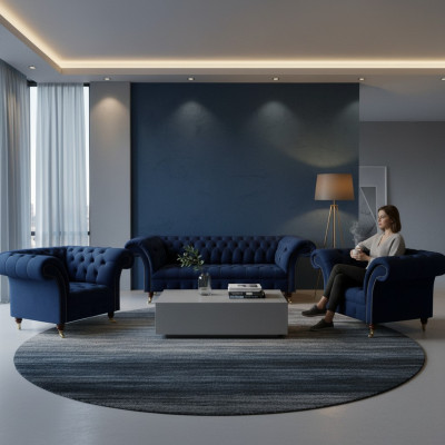 Woonkamerset 3-delig Chesterfield Blauw Luxe Driepersoonsbank 2x Fauteuil Nieuw  Woonkamerset 3-delig Chesterfield Blauw Luxe Driepersoonsbank 2x Fauteuil Nieuw