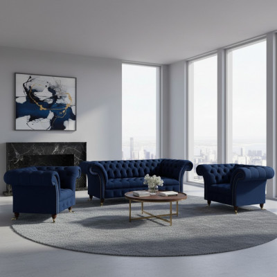 Woonkamerset 3-delig Chesterfield Blauw Luxe Driepersoonsbank 2x Fauteuil Nieuw  Woonkamerset 3-delig Chesterfield Blauw Luxe Driepersoonsbank 2x Fauteuil Nieuw