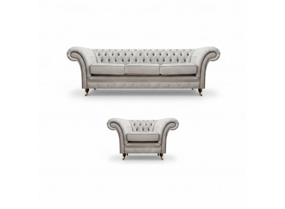 Grijs luxe set bank driezitsbank Chesterfield fauteuil woonkamer