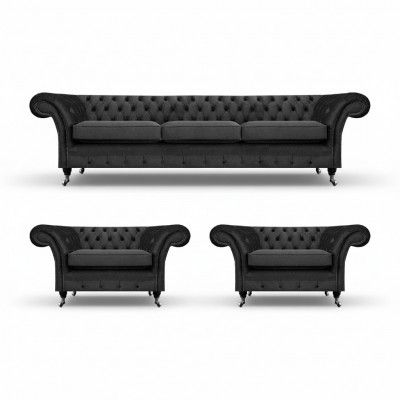Chesterfield zwart gestoffeerde bankstel set 3-delig woonkamer 3+1+1
