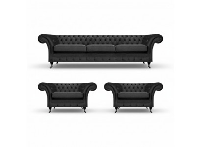 Chesterfield zwart gestoffeerde bankstel set 3-delig woonkamer 3+1+1