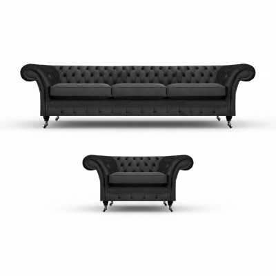 Woonkamer Meubels Zwart Driepersoonsbank 3+1 Fauteuil Chesterfield