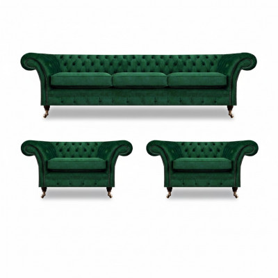 Groen meubilair woonkamer gestoffeerde Chesterfield set 3-delig 3+1+1 inrichting.