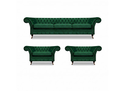 Groen meubilair woonkamer gestoffeerde Chesterfield set 3-delig 3+1+1 inrichting.