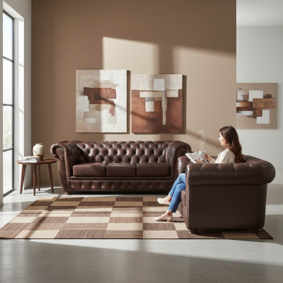 Bruin bankstel driezitsbank Chesterfield leren fauteuil nieuw meubel zit woonkamer.