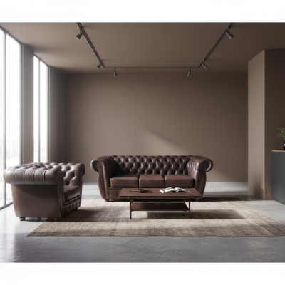 Bruin bankstel driezitsbank Chesterfield leren fauteuil nieuw meubel zit woonkamer.