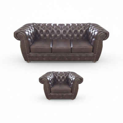 Bruin bankstel driezitsbank Chesterfield leren fauteuil nieuw meubel zit woonkamer.