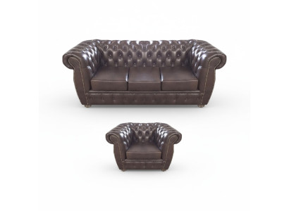 Bruin bankstel driezitsbank Chesterfield leren fauteuil nieuw meubel zit woonkamer.
