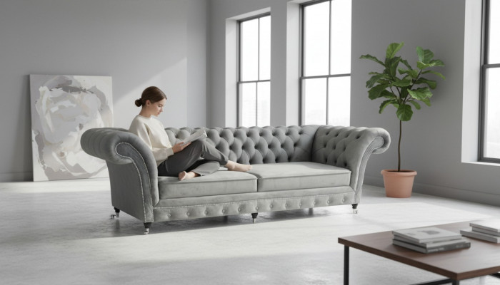 Bekleding Grijs Bank Tweezitsbank Couch Designer Woonkamer Meubels Chesterfield