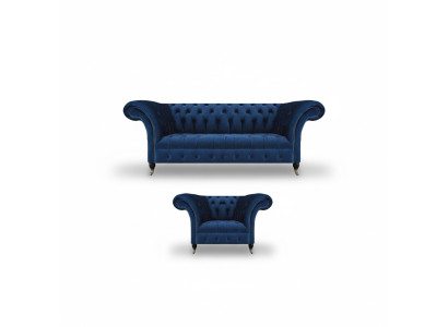Blauw nieuw driezitsbank woonkamer fauteuil Chesterfield gestoffeerde zitting inrichting.