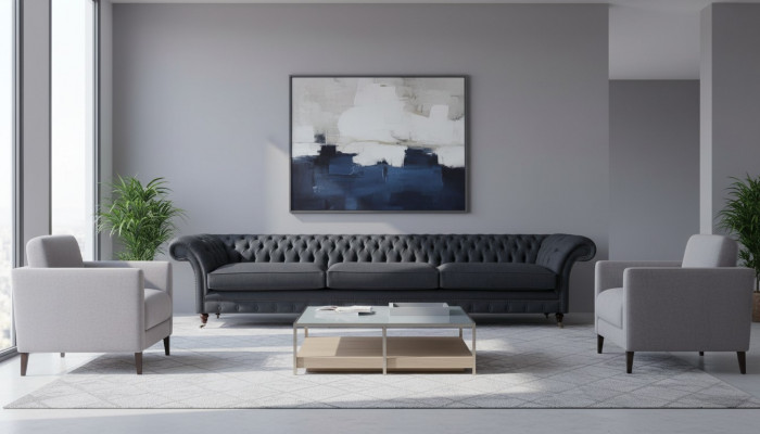Luxueuze zwarte Chesterfield textielbank woonkamer elegante stoffen sofa's