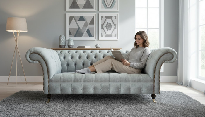 Lichtgrijze Chesterfield gestoffeerde meubels woonkamer 3-zitsbank Luxe meubels